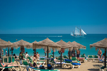 beach chairs and umbrellas