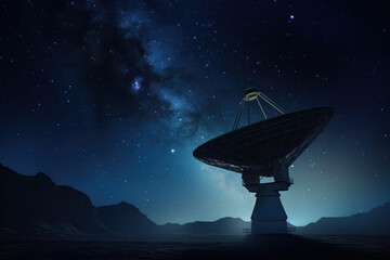 Cosmic Watch: Satellite Dish Silhouettes of a Space Observatory Against the Starry Night Sky.
