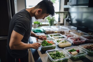 Man on a diet, preparing Healthy Homemade High-protein meal prep