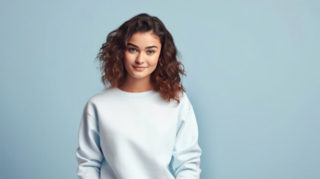 Casual Elegance: Young Woman in White Sweatshirt Mockup Against Pastel Blue Background for Design and Print Display.