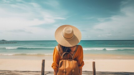 Fototapeta na wymiar Tourist Woman with Hat and Backpack in Playa del Carmen. Wanderlust concept.