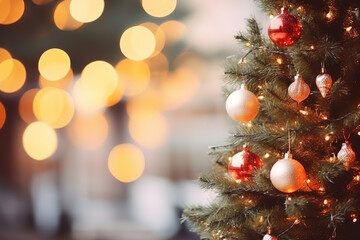 Fototapeta na wymiar Christmas tree with lights in bokeh, empty copy space
