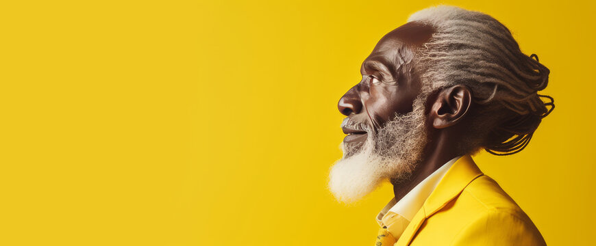 Handsome elderly black African American man with long dreadlocked hair, on a yellow background, banner.