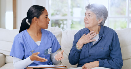 Throat, consulting and nurse with senior woman on sofa for medical care, support and service....