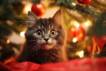 cat in decorated christmas tree. New year concept. Generative AI