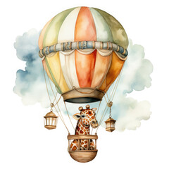 Safari Animal set giraffe, hippopotamus,in hot air balloon Illustration, Generative Ai