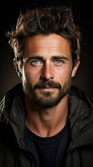 Fototapeta premium Closeup portrait of european handsome man 30s having bristle smiling at camera over background. Man face portrait illustration. Generative AI
