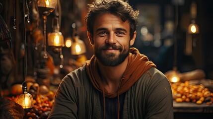 Obraz premium Portrait of happy arabic guy smiling at camera over background, copy space. Man portrait illustration. Generative AI