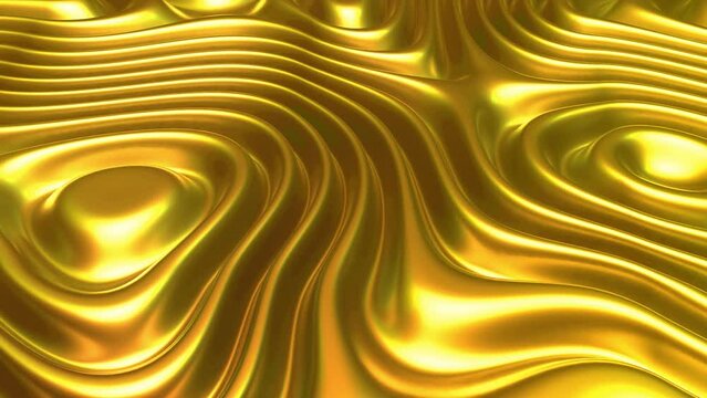 3D golden waving surface. Sound concept: sound waves flowing on yellow fluid gold surface. Abstract visualization of business, financial success and artificial intelligence. Looped 4K animation