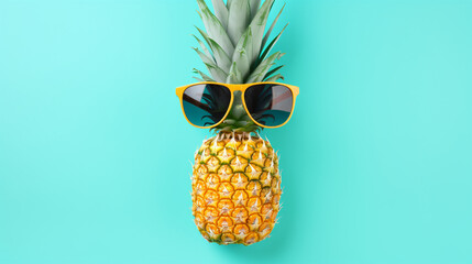 Hipster pineapple with trendy sunglasses against blue background