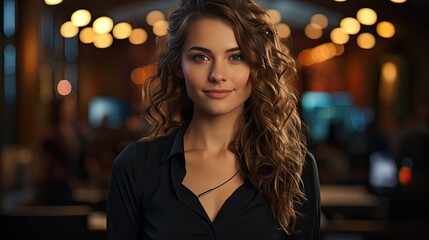 Image of happy young business woman posing over background. Woman portrait illustration. Generative AI