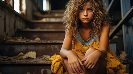 Sad little girl sitting on stairs. Sad emotion illustration. Generative AI