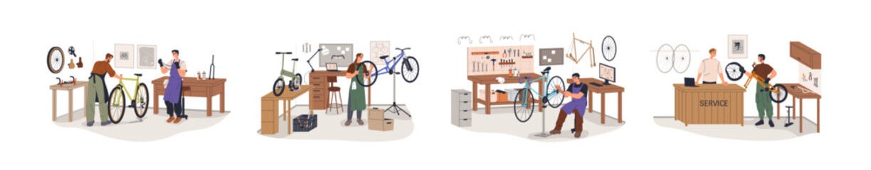 Bicycle repair service set. Mechanics fixing bikes at workshops. Repairmen, workers pumping tires, works with cycle chain, wheel puncture. Flat vector illustrations isolated on white background