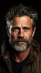 Fototapeta premium Serious middle-aged man with folded arms and a deadpan expression posing in front of background. Man portrait illustration. Generative AI