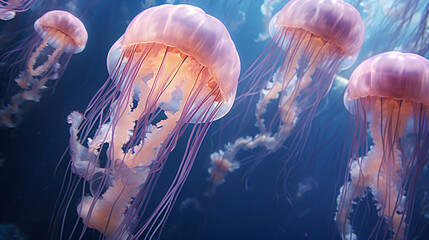 Ethereal deep sea waltz  Majestic jellyfish floating in the vast oceanic abyss - obrazy, fototapety, plakaty