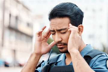 Stress, danger or policeman in city with headache, anxiety or burnout working for justice or law...