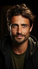 Fototapeta premium Portrait of a beautiful smiling man showing white teeth looking into camera or making faces of doubt or blunders with perfect skin and combed hair. Man face portrait illustration. Generative AI