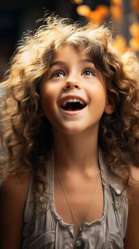 Portrait of happy excited amazed open mouth kid child girl look in copyspace on background. People portrait illustration. Generative AI