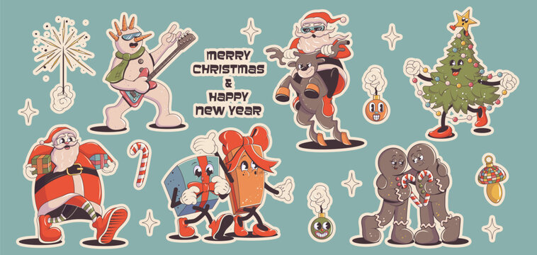Groovy christmas set, collection of trendy retro hippie stickers. Santa riding on deer, snowman with a guitar, Christmas tree, walking gifts, sparkler, gingerbread in trendy retro cartoon style.