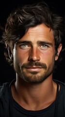 Fototapeta premium Close up portrait of young smiling handsome guy in blue t-shirt on background. Man face portrait illustration. Generative AI