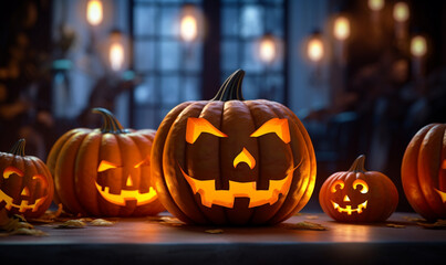 Halloween house interior decoratedof a burning pumpkin