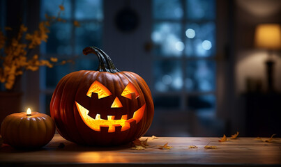 Halloween house interior decoratedof a burning pumpkin