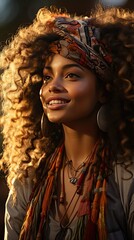 Portrait of beautiful african american woman smiling and looking away at park during sunset. Outdoor portrait of a smiling black girl. Smile emotion illustration. Generative AI art