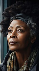 An older black woman mournfully looks out her window. Sad emotion illustration. Generative AI