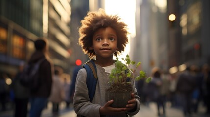Young Child Nurturing a Tiny Plant in Bustling City Square