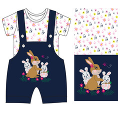cute rabbit print design with t shirt & jumper suit print