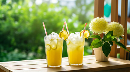 Glasses of lemonade with frappe ice on a wooden table.