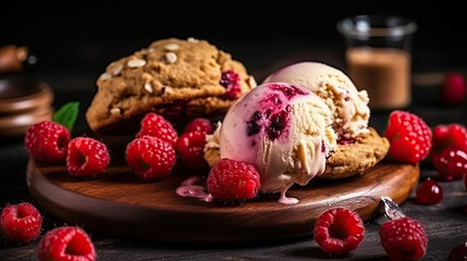 A plate of raspberry ice cream with a scoop of vanilla ice cream and raspberry sauce.