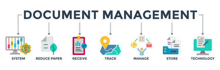 Document management banner web icon vector illustration concept with the icon of system, reduce paper, receive, track, manage, store, cloud, and technology