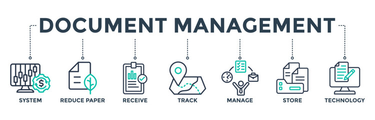 Document management banner web icon vector illustration concept with the icon of system, reduce paper, receive, track, manage, store, cloud, and technology