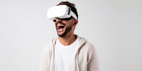 Portrait of happy man wearing virtual reality glasses isolated on white background with copy space. Banner template of smiling man with VR goggle