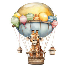 Safari Animal set giraffe, hippopotamus,in hot air balloon Illustration, Generative Ai