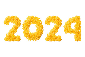 Calendar header number 2024 made of pasta on a white background. Happy New Year 2024 colorful...