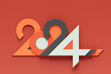 3D illustration inscription 2024 on a red   background. Changeability of years. Illustration of the symbol of the new year. - obrazy, fototapety, plakaty