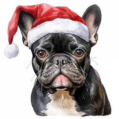Watercolor painting of an adorable French Bulldog breed dog wearing a red Santa Claus hat on a white background. Perfect for making Christmas cards for dog lovers. Christmas illustration.