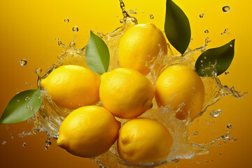 Fresh Lemons falling with water splash on isolated yellow background