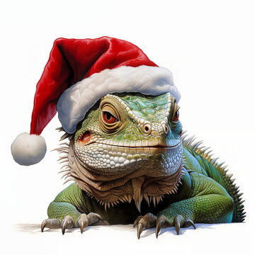 Watercolor painting of a green iguana wearing red Santa Claus hat, smiling with the corner of his mouth. It conveys a feeling of fun. The cuteness of pets and the warmth of Christmas. White background