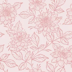 Tuinposter Elegant monochromatic pastel pink floral vector background with dahlia flowers, climbing vines seamless repeat pattern. Spring luxury feminine wallpaper with hand drawn line art botanical elements. © Kati Moth