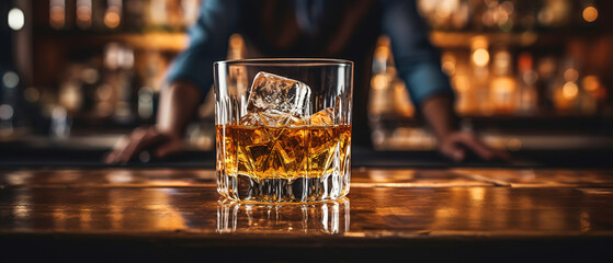 close up of a glas of whiskey on the rocks with blurred Bartender and bar in the back with empty copy space - obrazy, fototapety, plakaty