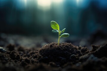 Spring small green sprout grows on the ground. On nature background.