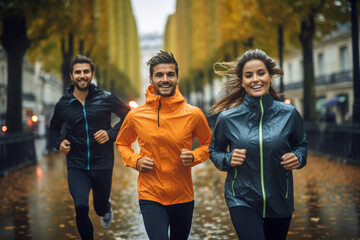 Obraz premium Group people in color sportswear, women's and men's running at Paris city in splashes rain.