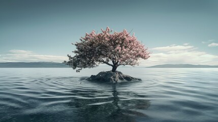 Photo one cherry tree in the middle of the vast ocean