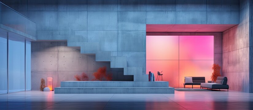 Minimalist house with colorful neon lighting featuring abstract architectural concrete interior Illustrated and rendered with AI