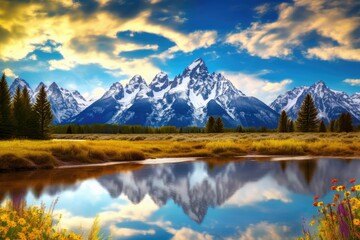 Obraz premium This photo showcases a colorful sunset over a beautiful mountains landscape. Experience the beauty of nature.Generative AI