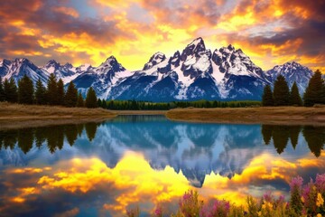 Obraz premium This photo showcases a colorful sunset over a beautiful mountains landscape. Experience the beauty of nature.Generative AI