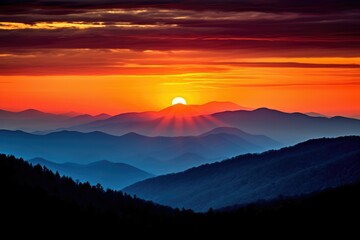 Obraz premium This photo depicts a majestic sunset in the mountains landscape. It captures a dramatic scene and portrays the beauty of the world.Generative AI